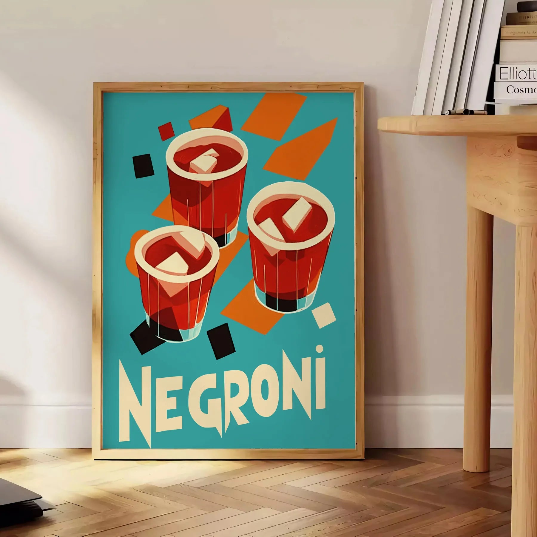 space stunning Negroni cocktail poster vibrant orange rich brown hues timeless elegance passion mixology decor enthusiasts art lovers unframed options